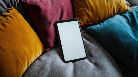 Smartphone with blank white screen lying on couch, surrounded by soft pillows and online browsing conceptの素材