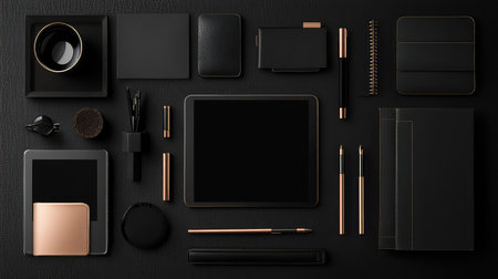 Top view of modern desk setup with tablet, notebook, pen holder, and empty space around for mockups or text insertionの素材