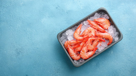 Fresh pink shrimp in a seafood market-style tray with ice and open copy spaceの素材