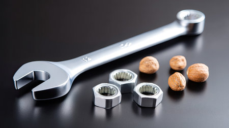 A shiny silver wrench alongside metal nuts and wooden elements, set on a sleek black background, perfect for industrial and mechanical themes.の素材