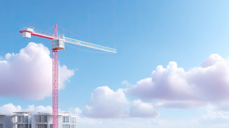 A tall construction crane stands against a bright blue sky dotted with fluffy white clouds, symbolizing progress at a building site.の素材