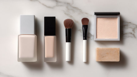 A visually appealing arrangement of makeup products, including foundation, brushes, powder, and soap, presented on a luxurious marble surface, perfect for beauty and skincare projects.の素材
