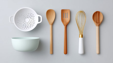 A well-arranged set of essential kitchen utensils including a strainer, mixing bowl, wooden spoons, and a whisk, perfect for home cooking and food preparation.の素材