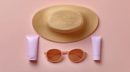 A beautifully arranged flatlay of summer essentials featuring a straw hat, stylish sunglasses, and skincare products on a soft pastel pink background.の素材