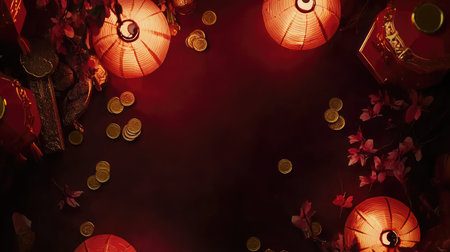 A dark, festive background with Chinese red envelopes, lanterns, and gold coins, leaving a large empty area for creative text or designsの素材