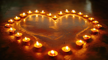 Glowing diyas forming a heart shape with a rangoli border on a flat surface, warm love and light atmosphereの素材