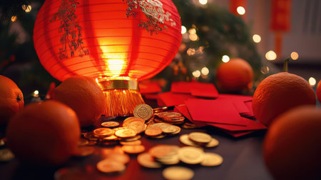 Close-up of a glowing Chinese lantern surrounded by red envelopes, gold coins, and oranges, with plenty of space in the foreground for messagesの素材