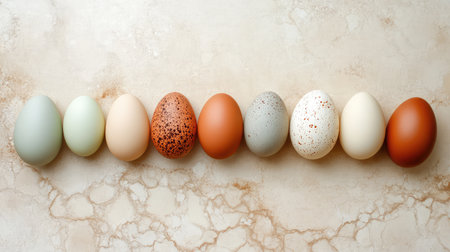 A selection of multicolored Easter eggs arranged neatly on a light-colored surface, with plenty of open space in the background for creative copy or holiday messagesの素材