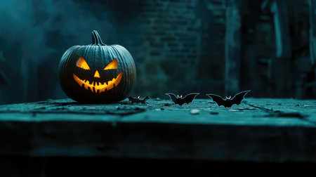 A dark wooden table with a single carved pumpkin glowing softly and small black bats nearby, leaving plenty of space for Halloween-themed textの素材