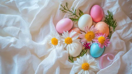 A colorful arrangement of Easter eggs, ribbons, and spring flowers placed on a light-colored cloth, with plenty of open space for creative holiday copy or messagesの素材