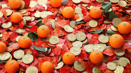 A table covered in red Chinese New Year decorations, oranges, gold coins, and red envelopes, with clear space in the center for holiday text or designの素材