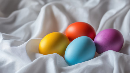 A group of vibrant Easter eggs resting gently on a clean white cloth, leaving plenty of space in the background for customizable text or seasonal greetingsの素材