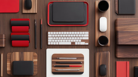 Flat lay of modern desk with coffee, keyboard, and tech accessories, with clean side area for copyの素材