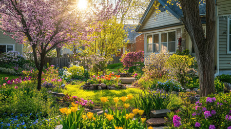 A vibrant spring garden showcasing an array of colorful flowers and healthy green grass, illuminated by the warm sun, creating a relaxing outdoor oasis for enjoyment.の素材