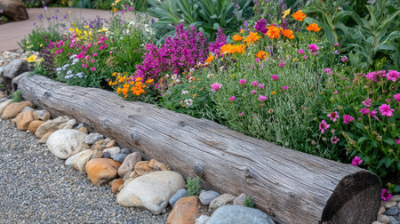 A beautiful garden scene featuring a vibrant flower bed with a rustic wooden log border, surrounded by colorful blooms and stones, creating a peaceful outdoor atmosphere.の素材