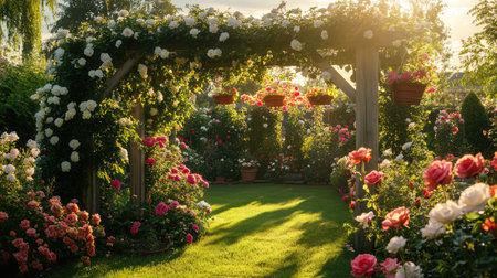 Step into a tranquil garden pathway surrounded by lush greenery and vibrant roses, illuminated by warm sunlight during sunset, creating a serene and picturesque outdoor escape.の素材