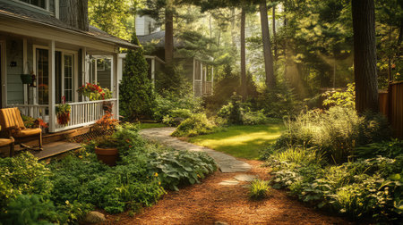 Explore a picturesque garden pathway set in a serene residential area, illuminated by warm sunlight filtering through lush greenery, creating a tranquil atmosphere.の素材