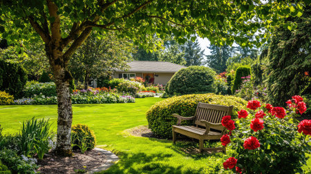 A tranquil garden scene featuring a cozy wooden bench, vibrant flowers, and lush greenery, perfect for relaxation on a sunny day in a residential area.の素材