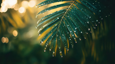 A stunning close-up of a palm leaf adorned with sparkling water droplets, capturing the essence of a tranquil tropical environment, perfect for nature-themed projects.の素材