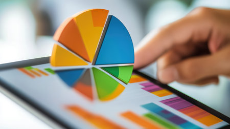 Close view of a hand tapping a tablet showing vibrant data visualizations, featuring pie charts and bar graphs for effective analysis and business strategy development.の素材