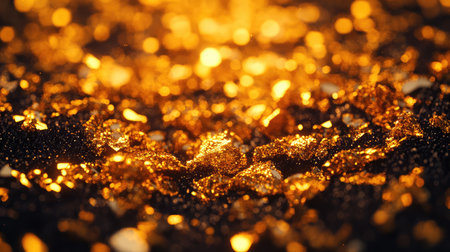 Stunning close-up of golden particles glimmering against a dark background, perfect for adding luxurious and vibrant aesthetics to creative projects and designs.の素材