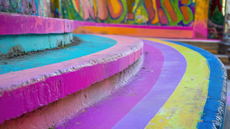 Bright and vibrant steps showcase a playful gradient of colors in an urban setting, perfect for capturing the essence of street art and creativity in a lively environment.の素材