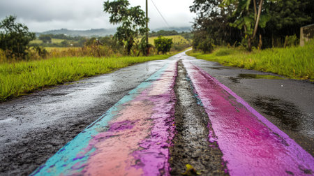 A picturesque road gleams with vibrant colors under rainy skies, blending art and nature, creating a serene atmosphere in a lush green landscape perfect for outdoor photography.の素材