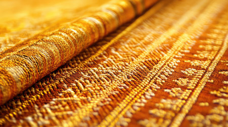 A stunning close-up of textured golden fabric featuring intricate patterns, showcasing the beauty and detail ideal for various creative projects and home decor inspiration.の素材