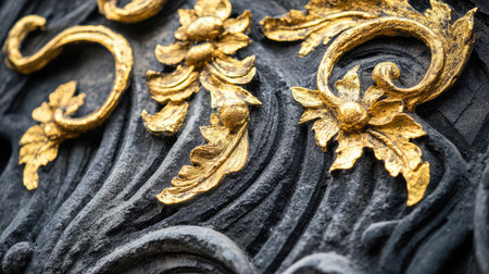 Close-up view of intricately designed gold floral elements set against a dark textured background, highlighting the detailed artistry and luxury of vintage decor styles.の素材