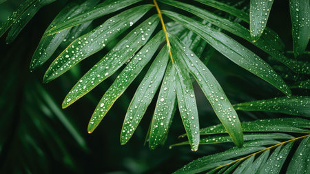 Experience the calming essence of nature with vibrant palm leaves adorned with glistening water drops, showcasing the beauty and freshness of a tropical environment.の素材