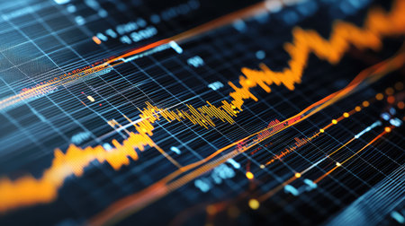 A detailed representation of financial data, showcasing the interplay of orange lines and dark backgrounds, symbolizing analytical trends and digital market concepts in investment analysis.の素材