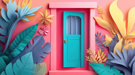 A whimsical doorway set against a colorful background surrounded by vibrant tropical leaves, creating a cheerful and inviting atmosphere suitable for diverse design projects.の素材