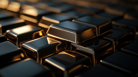 Experience the elegance of gold bars stacked together, reflecting soft light and showcasing intricate details that evoke a sense of luxury and wealth in a refined atmosphere.の素材