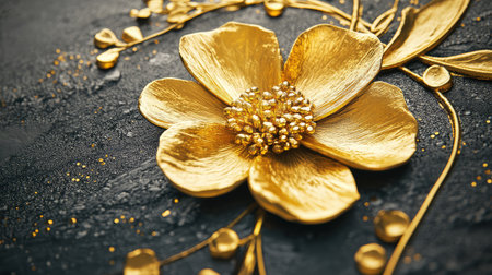 A luxurious golden flower crafted with intricate detail, set against a dark backdrop, perfect for themes of elegance, beauty, and sophisticated design. Ideal for art lovers and decorators.の素材