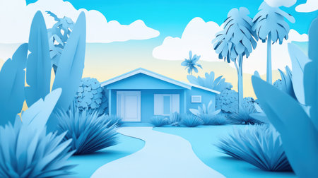 Experience the tranquility of a stylized tropical house in a dreamy blue setting, surrounded by lush plants and a serene sky, perfect for relaxation and artistic inspiration.の素材