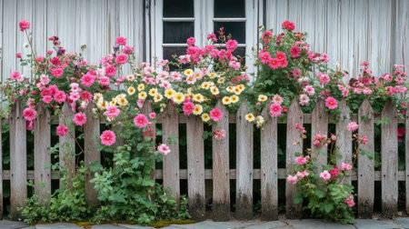 This captivating image showcases a stunning arrangement of pink and yellow flowers cascading over a rustic wooden fence, creating a charming outdoor ambiance.の素材