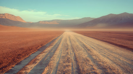 Expansive view of a dusty road stretching through a vast desert landscape with mountains in the background, creating a tranquil atmosphere under a clear sky at sunset.の素材