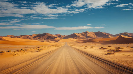 An expansive view of a lonely dirt road traversing a stunning desert landscape, dotted with golden sand dunes and set under a picturesque sky with fluffy clouds.の素材