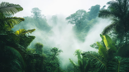 A captivating view of a lush jungle adorned with mist and fog, creating a tranquil tropical atmosphere that invites exploration and adventure into nature's beauty.の素材