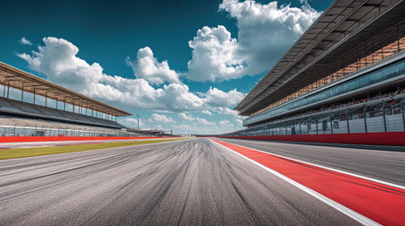 Captivating view of a modern race track stretching into the distance, with vibrant asphalt and spectator stands under a brilliant blue sky filled with fluffy white clouds.の素材