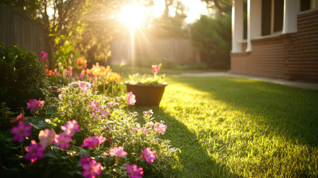 A serene garden scene captures the beauty of blooming flowers and a lush lawn, illuminated by soft sunlight during a warm sunset in a peaceful residential setting.の素材