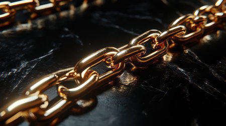 A detailed close-up of a gold chain link resting on a dark surface, capturing the interplay of light and reflections, showcasing exquisite craftsmanship and luxury aesthetics.の素材