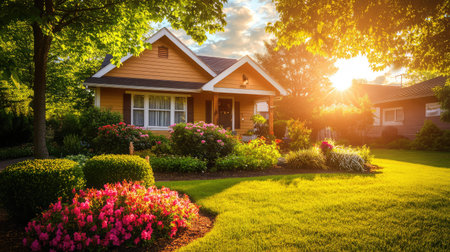 A stunning suburban house stands amid colorful flowers and lush greenery, bathed in warm sunlight during sunset, creating a tranquil and inviting outdoor atmosphere.の素材