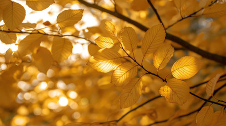 Close-up of vibrant golden leaves glistening in sunlight, showcasing the beauty of autumn. Perfect for nature themes, seasonal change, and outdoor tranquility.の素材
