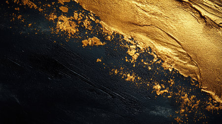 This image features an exquisite gold texture on a deep black surface, creating a stunning contrast perfect for backgrounds, graphic designs, or upscale artistic projects.の素材