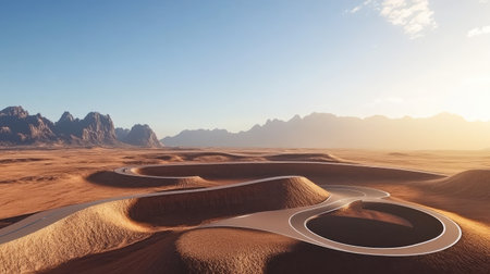 A breathtaking desert landscape featuring a winding road, majestic mountains, and a vibrant sky during golden hour, embodying the beauty and tranquility of nature.の素材