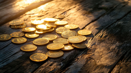 A beautiful display of shimmering gold coins resting on a weathered wooden surface, perfectly lit by the warm glow of sunset, evoking a sense of luxury and wealth.の素材