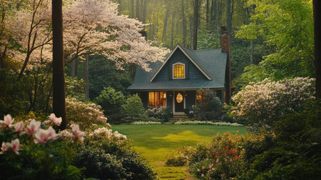 A charming cottage nestled in a vibrant forest, surrounded by blooming flowers and lush greenery, creating a serene and peaceful atmosphere in nature.の素材