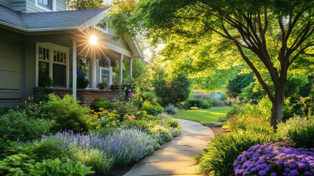 A picturesque garden pathway meanders through a vibrant landscape filled with lush greenery and colorful flowers, creating a serene and inviting atmosphere perfect for relaxation.の素材