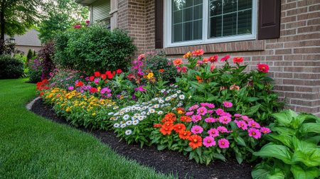 A stunning flower bed showcases an array of vibrant blooms beside a brick house, highlighting the beauty of landscaping and creating an inviting atmosphere in the front yard.の素材